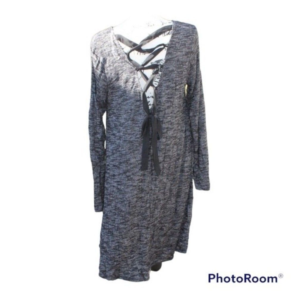 Just Be Dress Women's 1X Heathered Black Speckled Long Sleeve Lace Up Tie Hacci - Picture 6 of 9